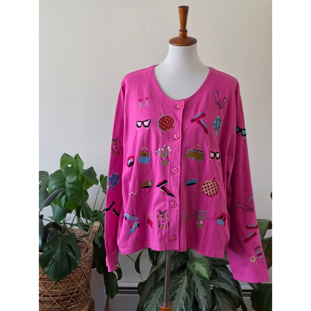 NEW Michael Simon Pink Hand Embroidered Cotton Cardigan Sweater Women 3X Novelty